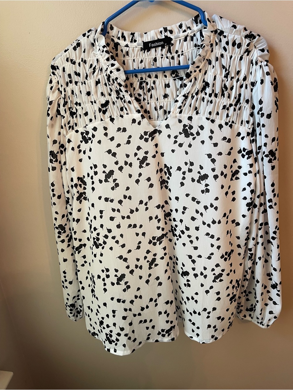 SHEIN White Blouse with Black Spot Print and Shirred Yoke